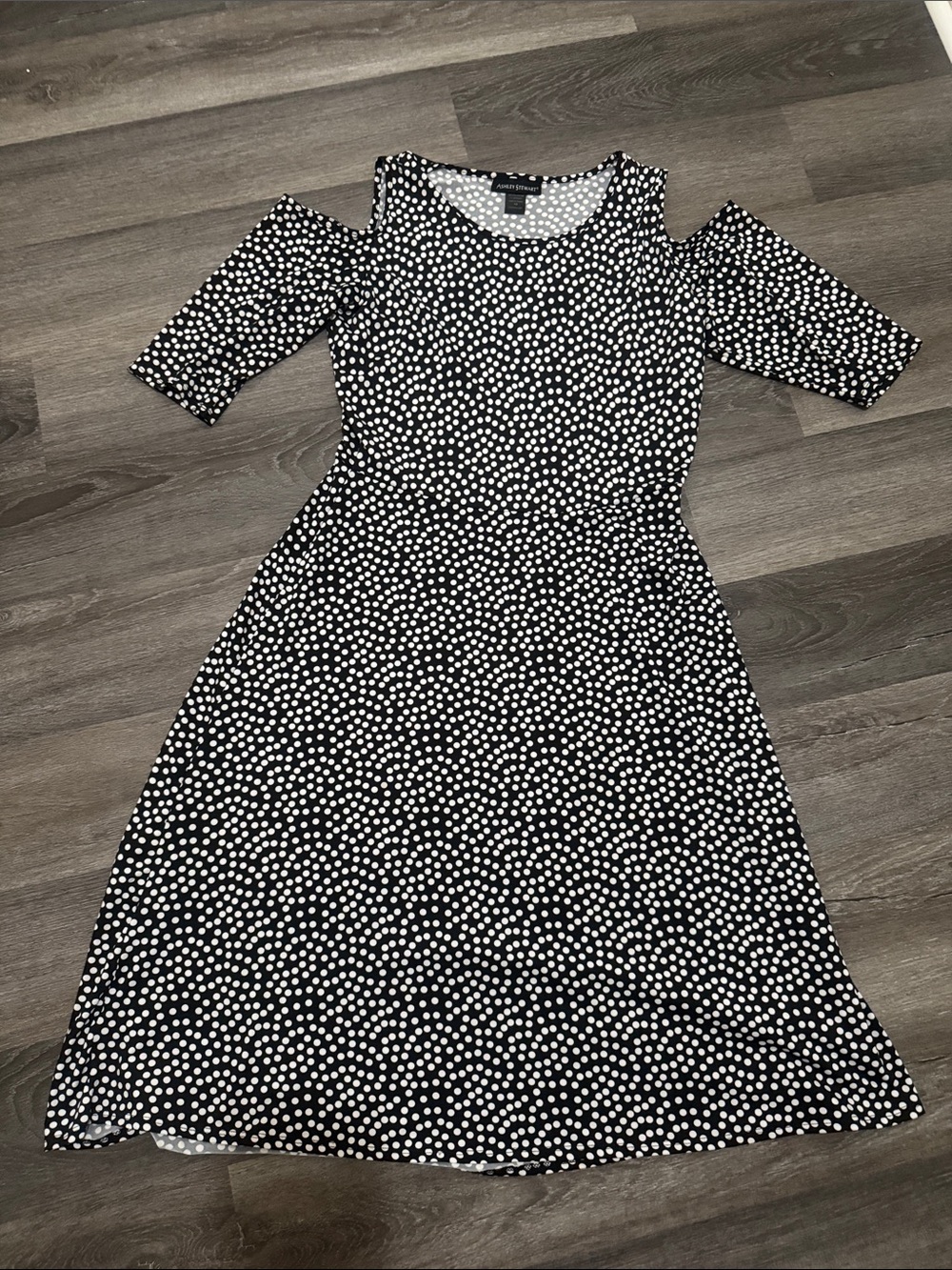 Ashley Stewart Black & White Polka Dot Cold-Shoulder Midi Dress